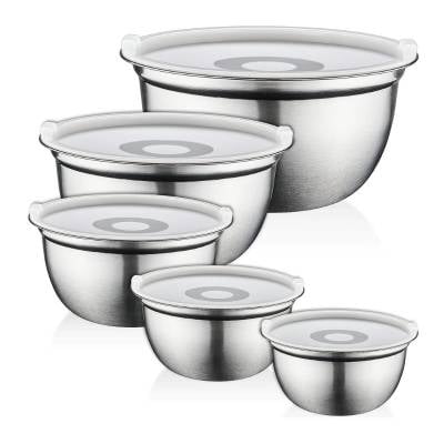 Stainless Steel Mixing Bowls with Lids FineDine 5 Deep Nesting Mixing Bowls with Lids for Kitchen Storage , Cooking Food, Baking, Breading, Salad or Meal Prep - Silver Stainless Steel - Large