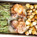 Sheet Pan Pork Chops, Potatoes, and Green Beans Sheet Pan Pork Chops with potatoes and green beans on a sheet pan.