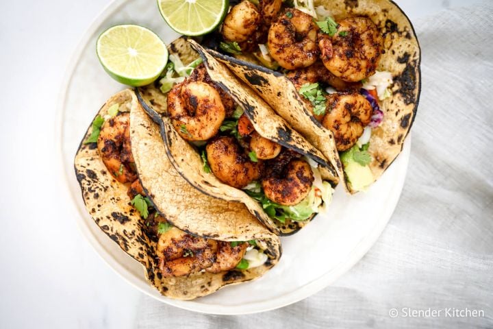 Low Carb Chipotle Shrimp Tacos Low carb shrimp tacos with cabbage slaw and avocado.