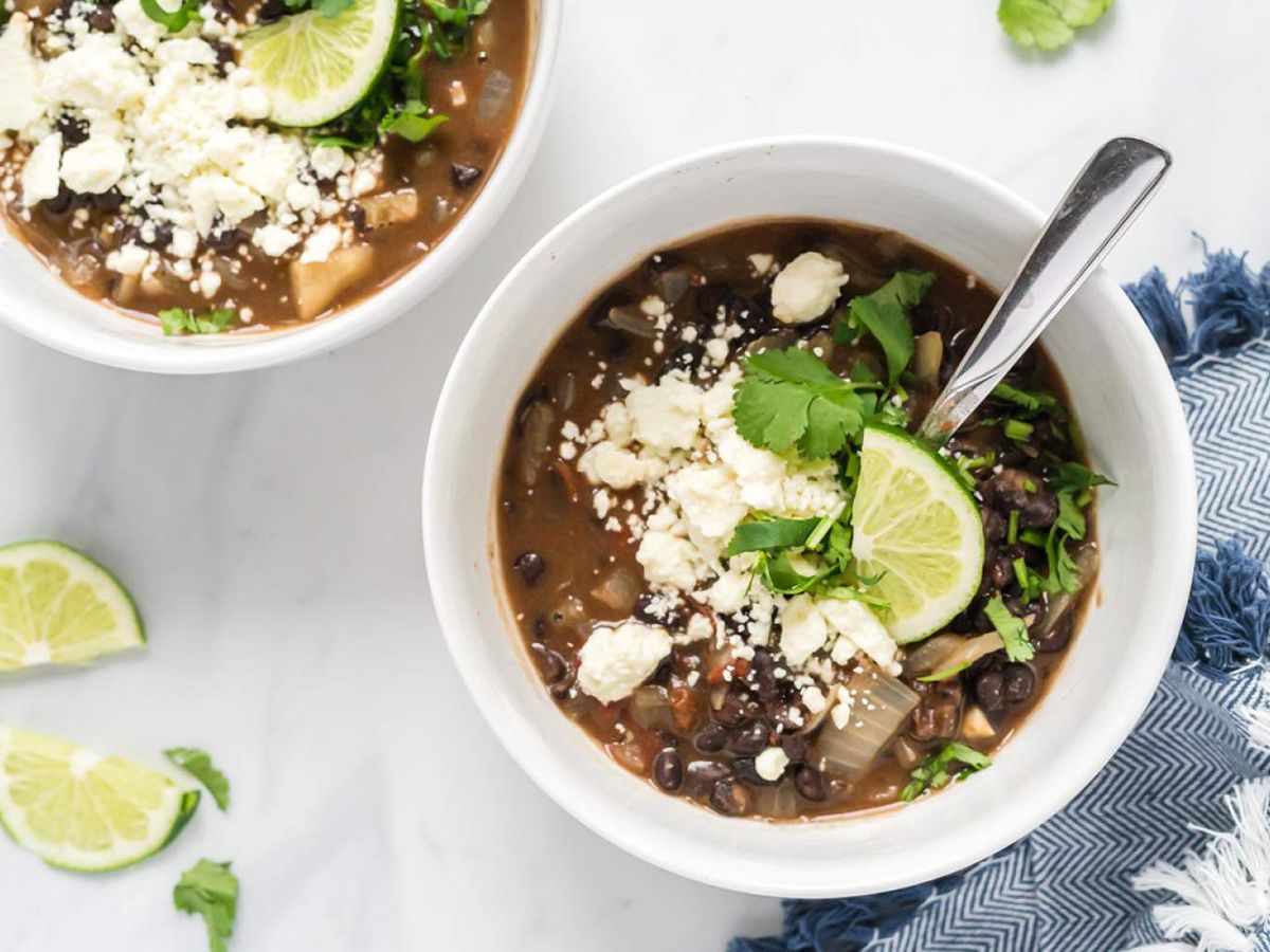 Healthy 200 Calories Recipes Black Bean Soup with Cheese in a White Bowl