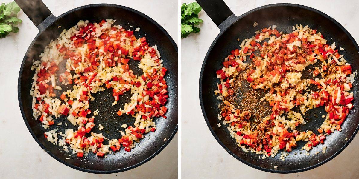 Sautéing diced onions and red bell peppers in a skillet, followed by the addition of spices and minced garlic to enhance flavor for black bean enchiladas.