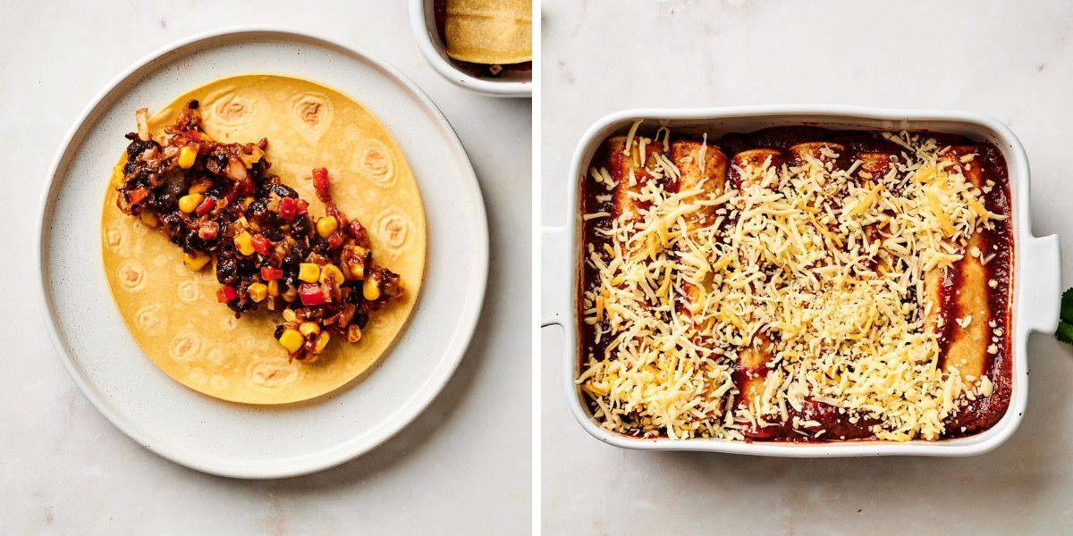 A two-step process of making black bean enchiladas: on the left, a tortilla filled with a mixture of black beans, corn, and peppers; on the right, a baking dish filled with rolled enchiladas topped with enchilada sauce and shredded cheese, ready for the oven.
