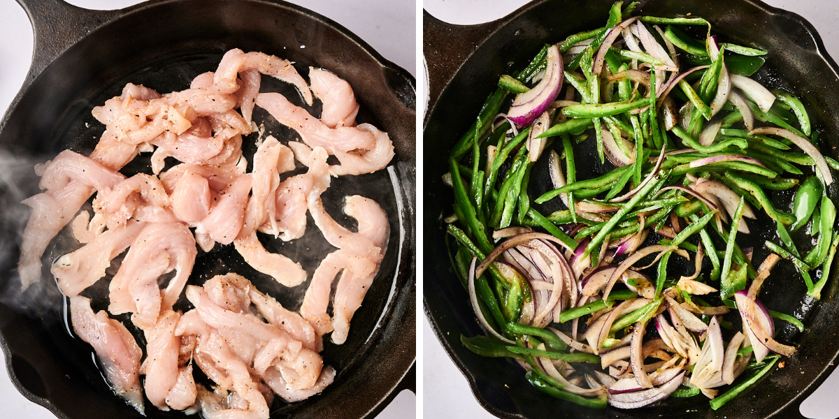 Raw chicken strips sizzle in a cast iron skillet on the left; sautéed green peppers and onions in the same skillet on the right.