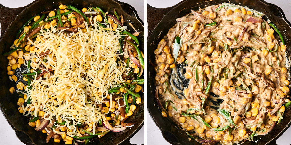A cast-iron skillet filled with green beans, corn, and shredded chicken, topped with a layer of melted cheese, then stirred into a creamy mixture.