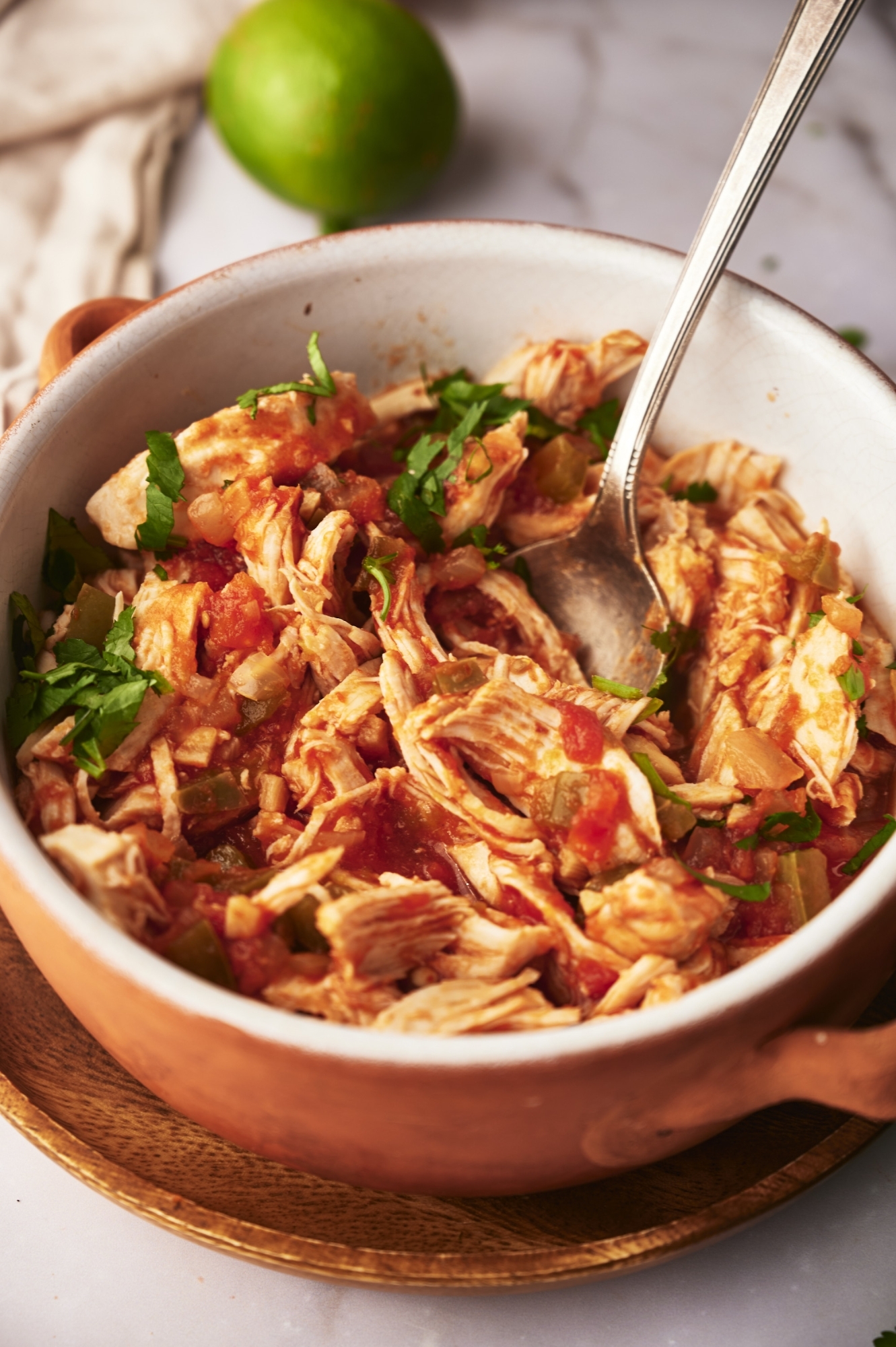 Chicken tinga with shredded chicken in tomato and chipotle sauce in a bowl with cilantro.