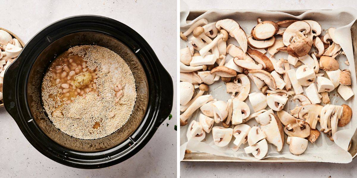 A slow cooker filled with quinoa, beans, and broth, alongside a tray of sliced mushrooms ready for roasting.