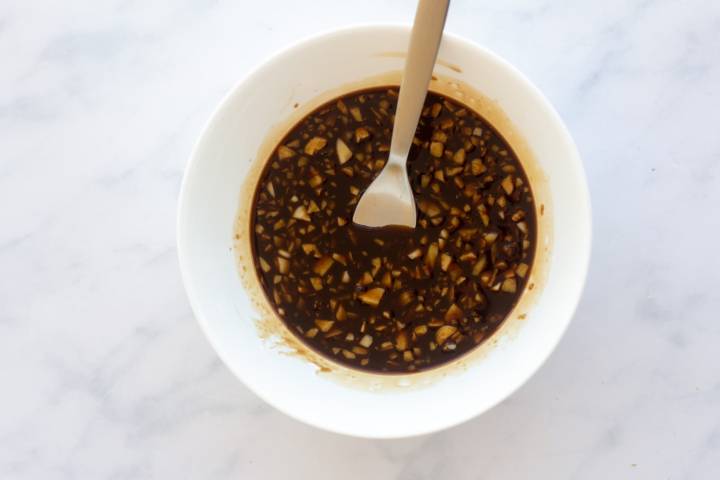 Stir fry sauce for beef and broccoli in small bowl.