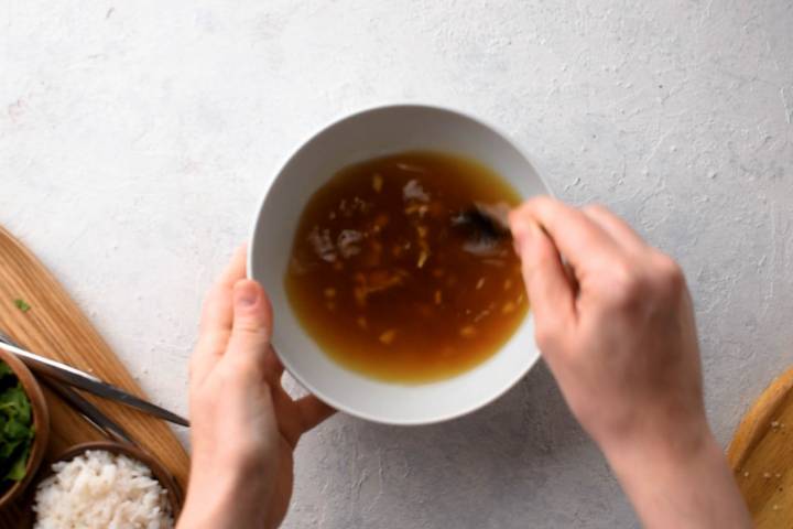 Asian sauce with garlic, vegetable broth, brown sugar, soy sauce, and vinegar. 